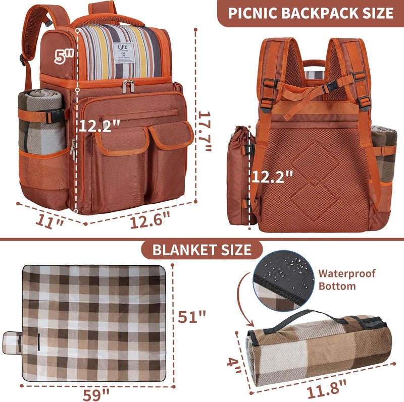 ITHWIU Picnic Backpack for 2 Person with 2 Insulated Leakproof Cooler Compartment, 2 Cutlery Sets, Wine Holder, Fleece Blanket, Perfect for Beach, Camping, Hiking, Brown - Image 3